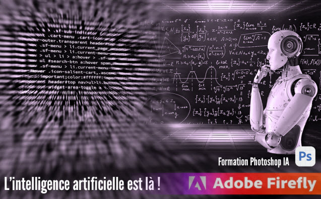 Image d’un robot pensif devant un tableau de formules mathématiques, accompagné de codes informatiques, promouvant une formation sur Adobe Firefly et l’intégration de l’intelligence artificielle dans les projets créatifs.