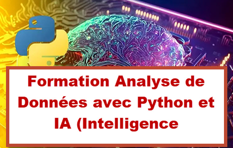 Image d’un cerveau numérique et du logo Python – Formation Analyse de Données et IA à Bruxelles, Belgique.