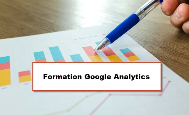 Graphiques de données avec texte « Formation Google Analytics » – Formation analyse statistique et marketing digital à Bruxelles.