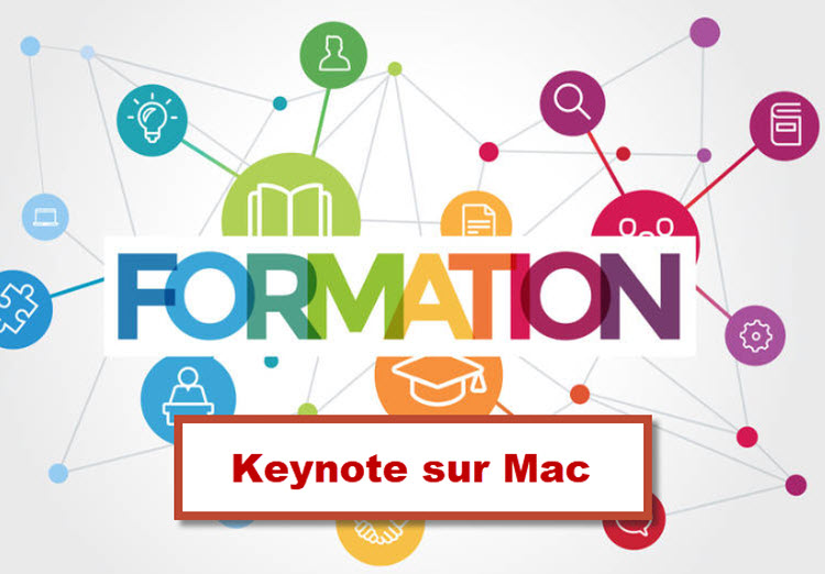 Illustration colorée avec texte « Formation Keynote sur Mac » – Formation création de présentations Apple à Bruxelles, Belgique.