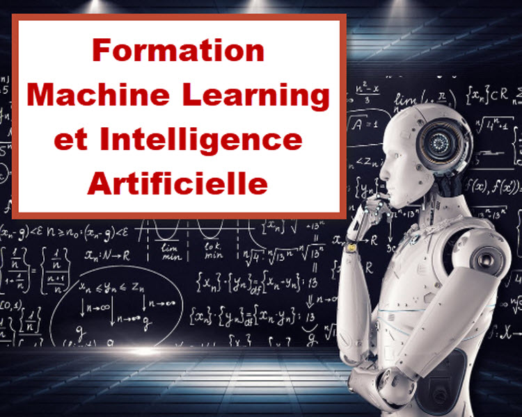 Robot humanoïde réfléchissant devant des équations mathématiques – Formation Machine Learning et Intelligence Artificielle à Bruxelles, Belgique.