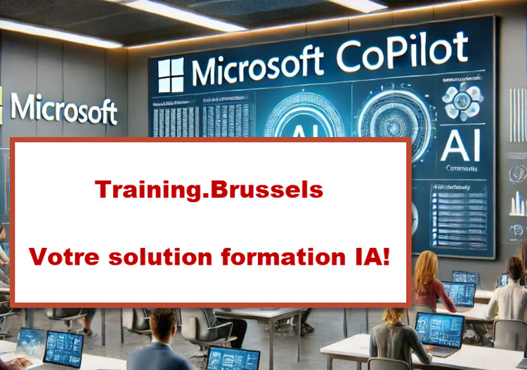 Salle de formation avec des participants travaillant sur Microsoft Copilot 365, mettant en avant l'intégration de l'intelligence artificielle dans les outils professionnels à Bruxelles.