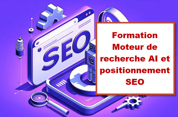 Illustration d’une formation SEO intégrant l’intelligence artificielle pour optimiser le référencement et le positionnement sur les moteurs de recherche IA.