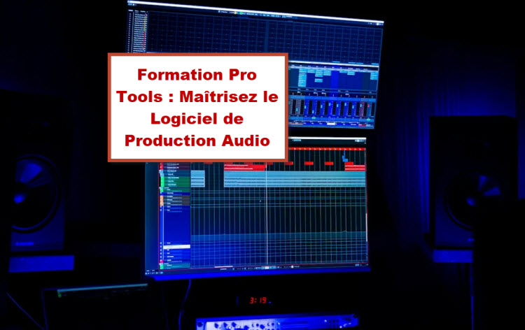 Écran d’ordinateur affichant une interface de production audio sur Pro Tools dans un studio d’enregistrement, illustrant une formation en production sonore à Bruxelles.