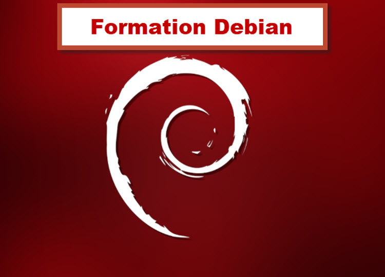 Logo Linux Debian avec texte « Formation Debian » – Formation administration système à Bruxelles, Belgique.