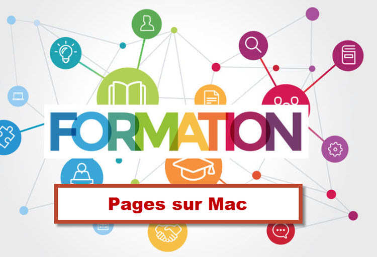 Illustration colorée avec texte « Formation Pages sur Mac » – Formation édition de documents avec Apple à Bruxelles, Belgique.