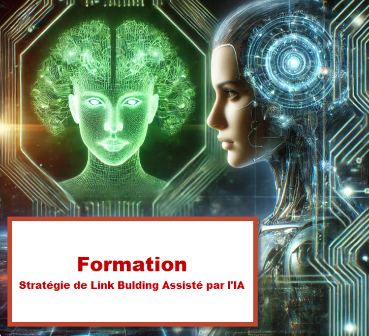 Illustration d’une intelligence artificielle et d’un humain en interaction, symbolisant l’optimisation du link building par l’IA – Formation à Bruxelles, Belgique.