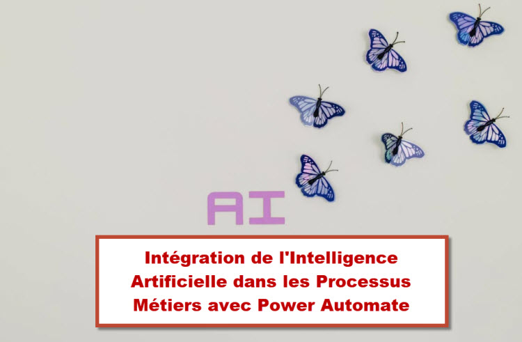 Illustration de l'Intelligence Artificielle intégrée aux processus métiers, symbolisée par des papillons violets et le texte "AI", représentant l'innovation et l'automatisation.