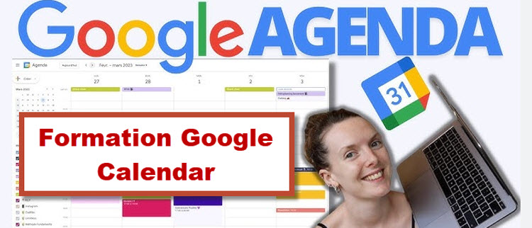 Illustration de Google Calendar avec texte « Formation Google Calendar » – Formation gestion d’agenda en ligne à Bruxelles.