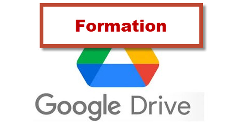 Logo Google Drive avec texte « Formation » – Formation gestion de fichiers cloud à Bruxelles.