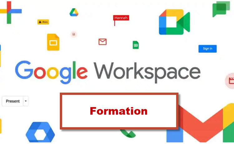 Illustration Google Workspace avec texte « Formation » – Formation en ligne sur les outils Google Workspace à Bruxelles, Belgique.