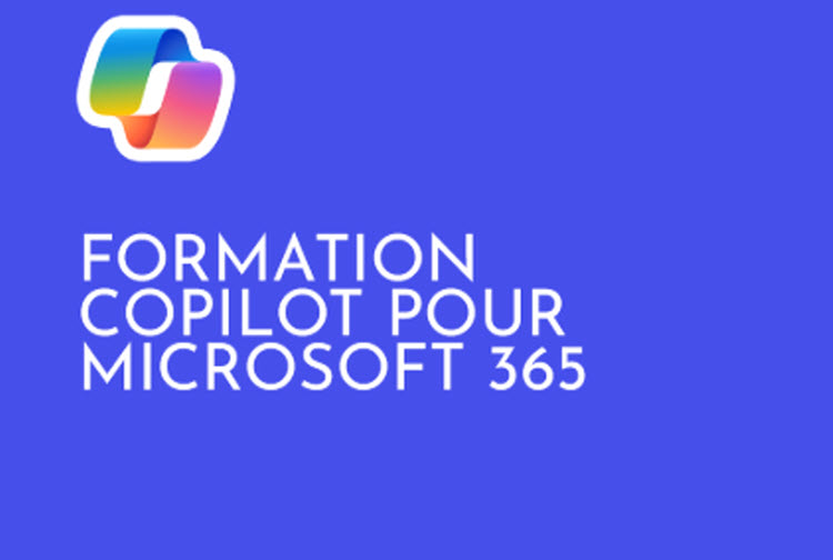 Logo et texte promotionnel pour une formation Microsoft Copilot intégrée à la suite Microsoft 365, destinée aux entreprises et professionnels à Bruxelles.