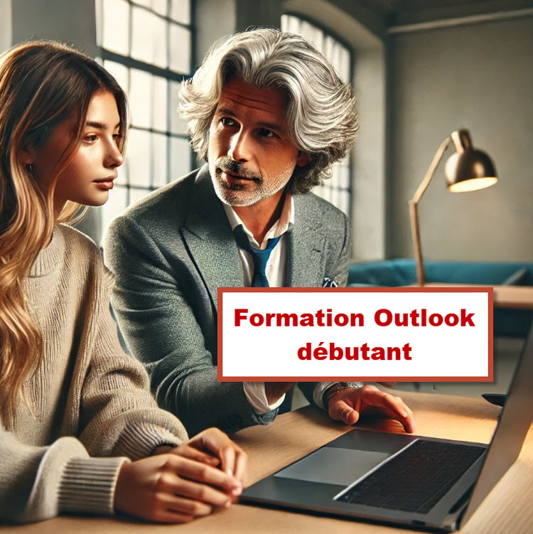 Formation Outlook Débutant à Bruxelles – Illustration d'un formateur expliquant à une élève l'utilisation de Microsoft Outlook sur un ordinateur portable.