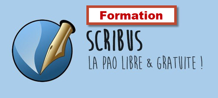 Logo Scribus avec texte « Formation Scribus, la PAO libre et gratuite » – Formation à Bruxelles, Belgique.