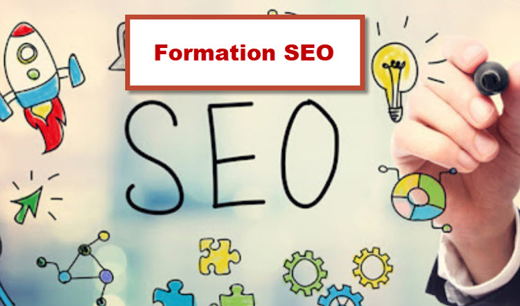 Formation SEO à Bruxelles – Illustration du référencement naturel avec des icônes de marketing digital, mots-clés et optimisation des moteurs de recherche.