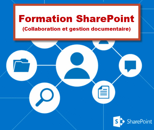 Visuel de Microsoft SharePoint illustrant une formation en collaboration et gestion documentaire à Bruxelles.