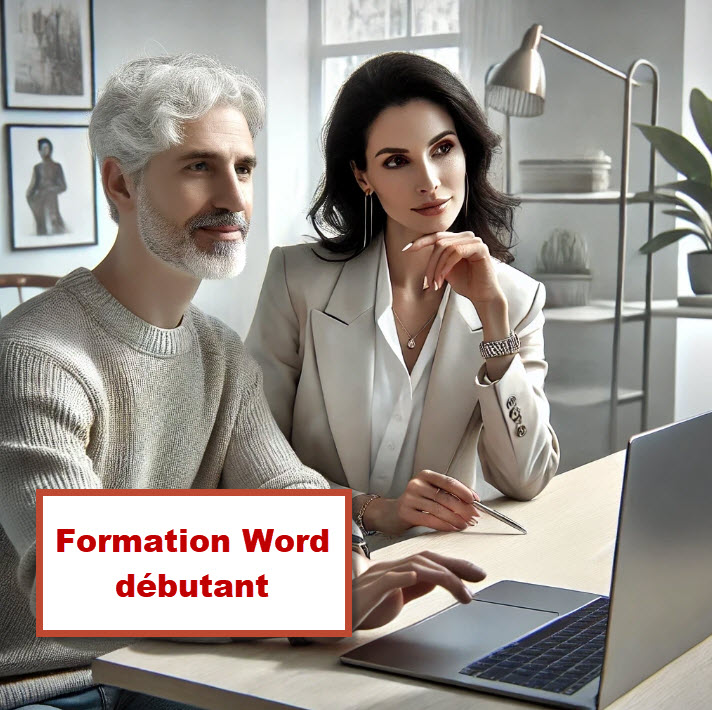 Formation Word Débutant à Bruxelles – Illustration d’un homme et d’une femme apprenant les bases de Microsoft Word sur un ordinateur portable.