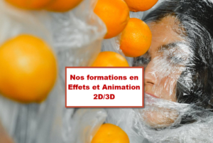 Visuel artistique combinant des effets visuels et des éléments 3D avec des oranges flottantes et un visage enveloppé dans du plastique, illustrant les formations en effets et animation 2D/3D à Bruxelles.