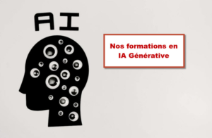 Illustration de la silhouette d'une tête avec des cercles représentant des idées ou des concepts, accompagnée du texte "Nos formations en IA Générative" pour promouvoir les compétences en intelligence artificielle à Bruxelles.