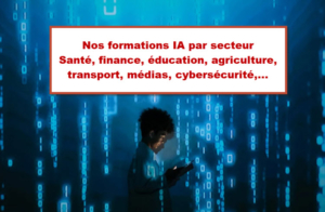 Jeune étudiant utilisant un appareil numérique, entouré d'un décor virtuel représentant l'intelligence artificielle et les données, mettant en avant des formations IA sectorielles à Bruxelles.