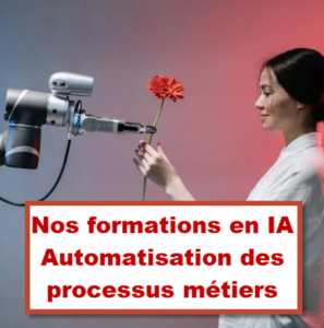 Image d’une formation en intelligence artificielle pour l’automatisation des processus métiers, mettant en scène une interaction entre une personne et un robot, à Bruxelles.