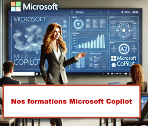 Animatrice présentant une formation sur Microsoft Copilot 365, avec des visuels de tableaux interactifs d’intelligence artificielle et des participants en session de formation à Bruxelles, Belgique.