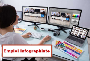 Une infographiste travaille sur deux écrans d'ordinateur et un ordinateur portable, avec un nuancier de couleurs et un appareil photo sur son bureau. L'un des écrans affiche un logiciel de retouche d'image.