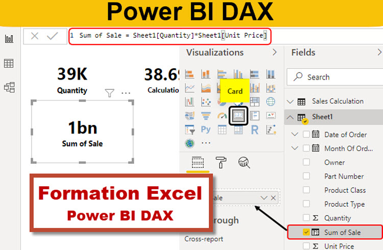 Capture d’écran d’une interface Power BI montrant une formule DAX pour calculer le "Sum of Sale", avec des visualisations et des champs de données affichés.