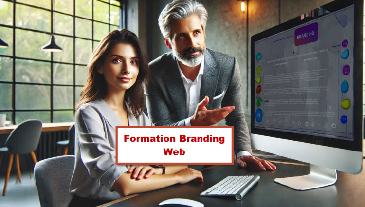 Formation Branding Web à Bruxelles – Deux professionnels analysant une stratégie de marque sur un écran.