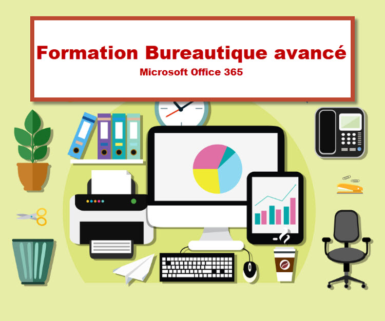 Illustration d’un espace de travail avec ordinateur, imprimante et tablette, représentant une formation bureautique avancée sur Microsoft Office 365 à Bruxelles.