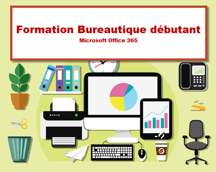 Illustration de matériel de bureau avec ordinateur, imprimante et tablette, représentant la formation bureautique pour débutants sur Microsoft Office 365 à Bruxelles.