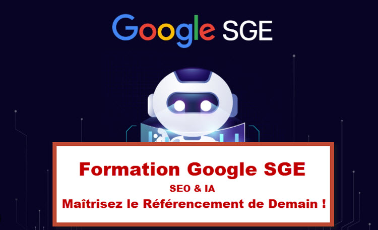 Illustration d’un robot futuriste représentant l’IA et le SEO dans le contexte de Google SGE, avec un design numérique évoquant les nouvelles technologies et l’avenir du référencement.