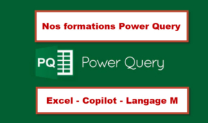 Logo Power Query avec mention de formations en Excel, Copilot et Langage M, proposées à Bruxelles par Training Brussels.