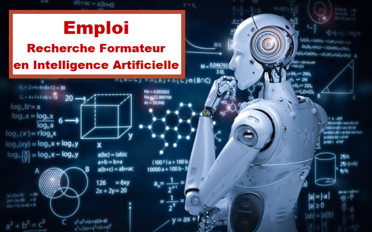 Un robot humanoïde réfléchissant devant des équations mathématiques, illustrant un emploi de formateur en Intelligence Artificielle à Bruxelles proposé par Training Brussels.