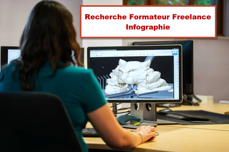 Une formatrice en infographie travaillant sur un modèle 3D, illustrant la recherche d’un formateur freelance Adobe à Bruxelles pour Training Brussels.