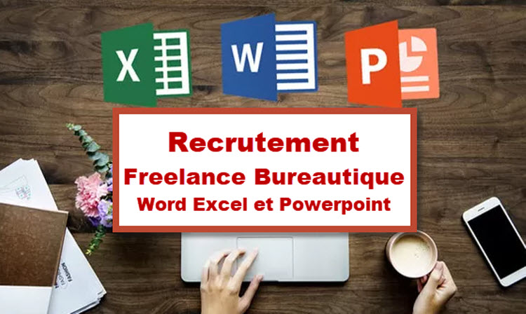 Une personne travaillant sur un ordinateur portable, entourée des icônes Word, Excel et PowerPoint, illustrant le recrutement d’un freelance en bureautique pour Training Brussels.